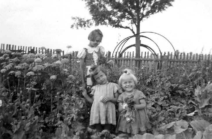  - 081-0039 Reinlacken 1942 - Cousinen Gisela und Adeline Norkus mit Renate Schulz im Garten